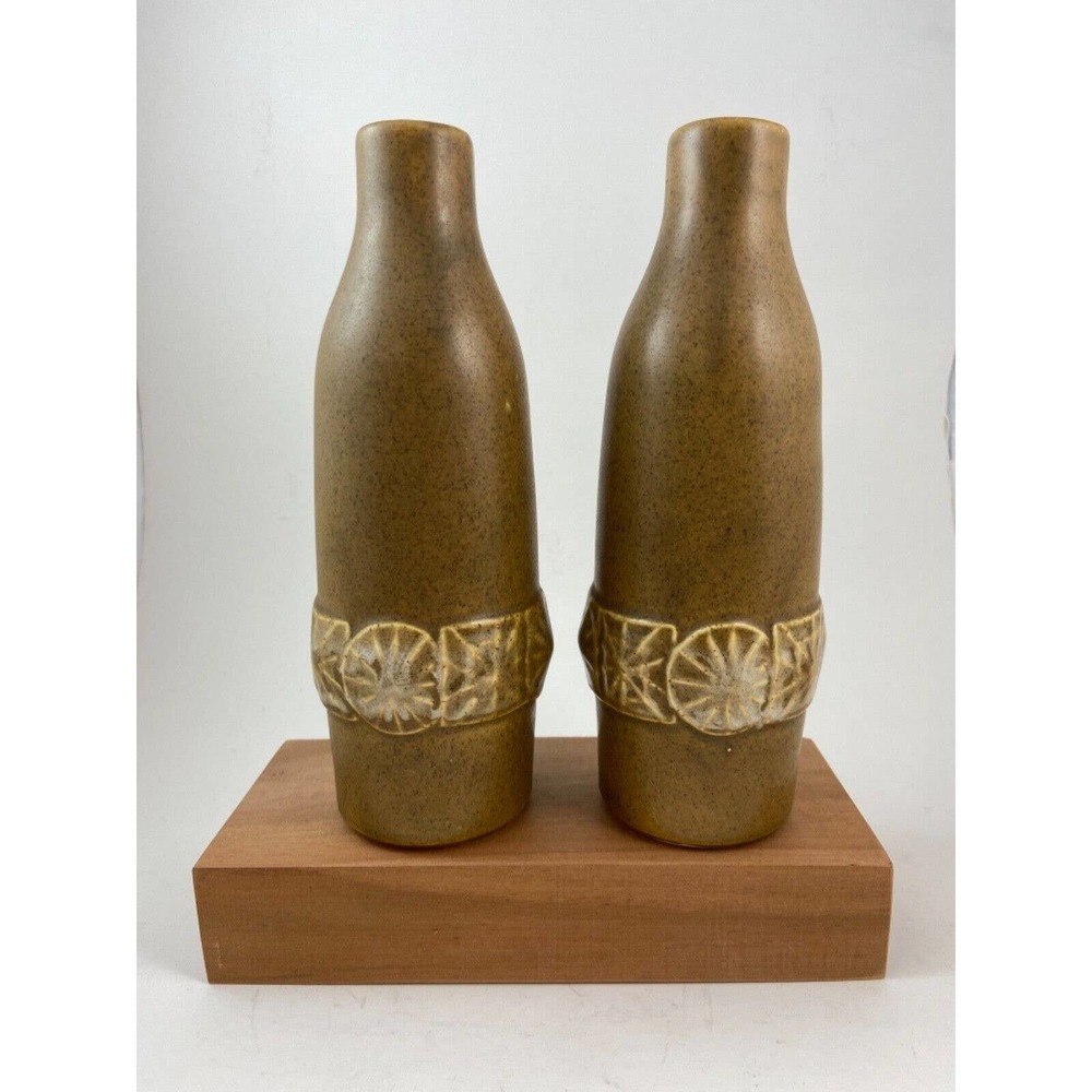 USA pottery brown medallion shell band vase set of 2